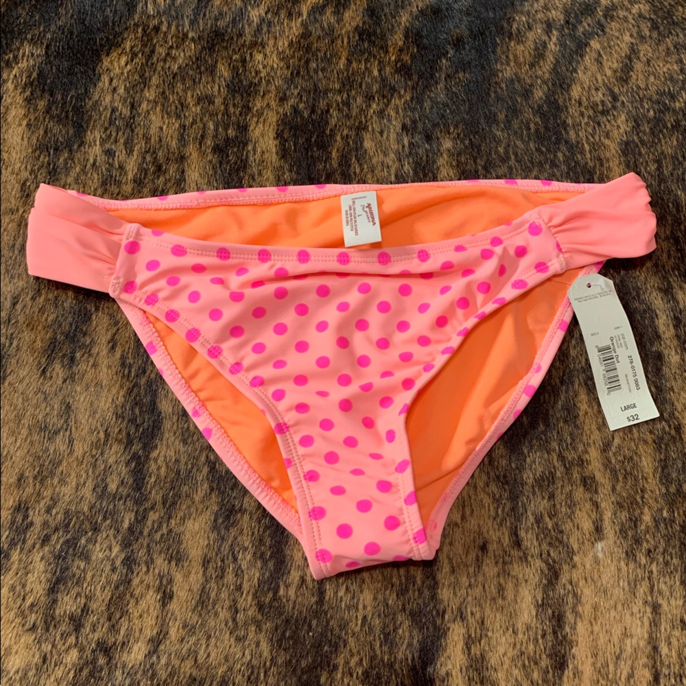 NWT Arizona size L bikini bottoms coral with hot pink polka dots orange inside